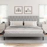 CXVX King Size Bed Frame with Diamond Tufted Headboard, Linen Upholstered Platform Bed and Wooden Slat Support, Noise-Free, No Box Spring Needed, Easy Assembly, Light Grey CXVX