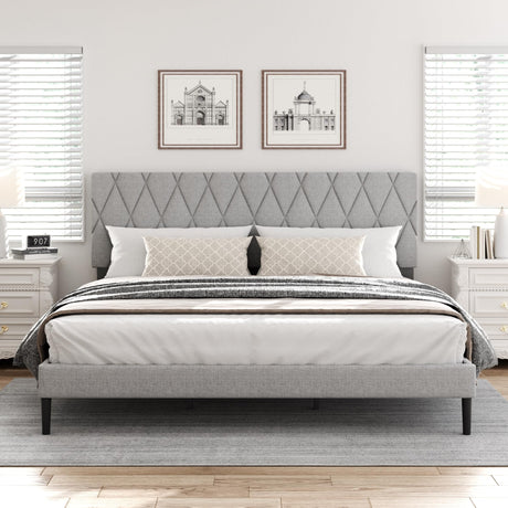CXVX King Size Bed Frame with Diamond Tufted Headboard, Linen Upholstered Platform Bed and Wooden Slat Support, Noise-Free, No Box Spring Needed, Easy Assembly, Light Grey CXVX