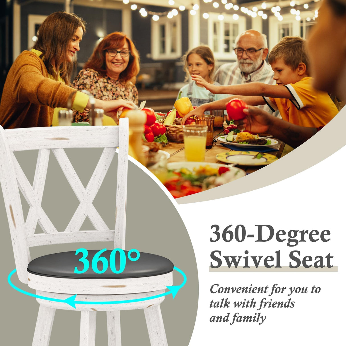 Callales 29" Swivel Bar Stools Set of 2, Swivel Counter Height Stools with Back & Solid Wood Footrest, Wooden Barstools for Kitchen Island, Home Bar, Antique White (Antique White, 29" Bar Height) Callales