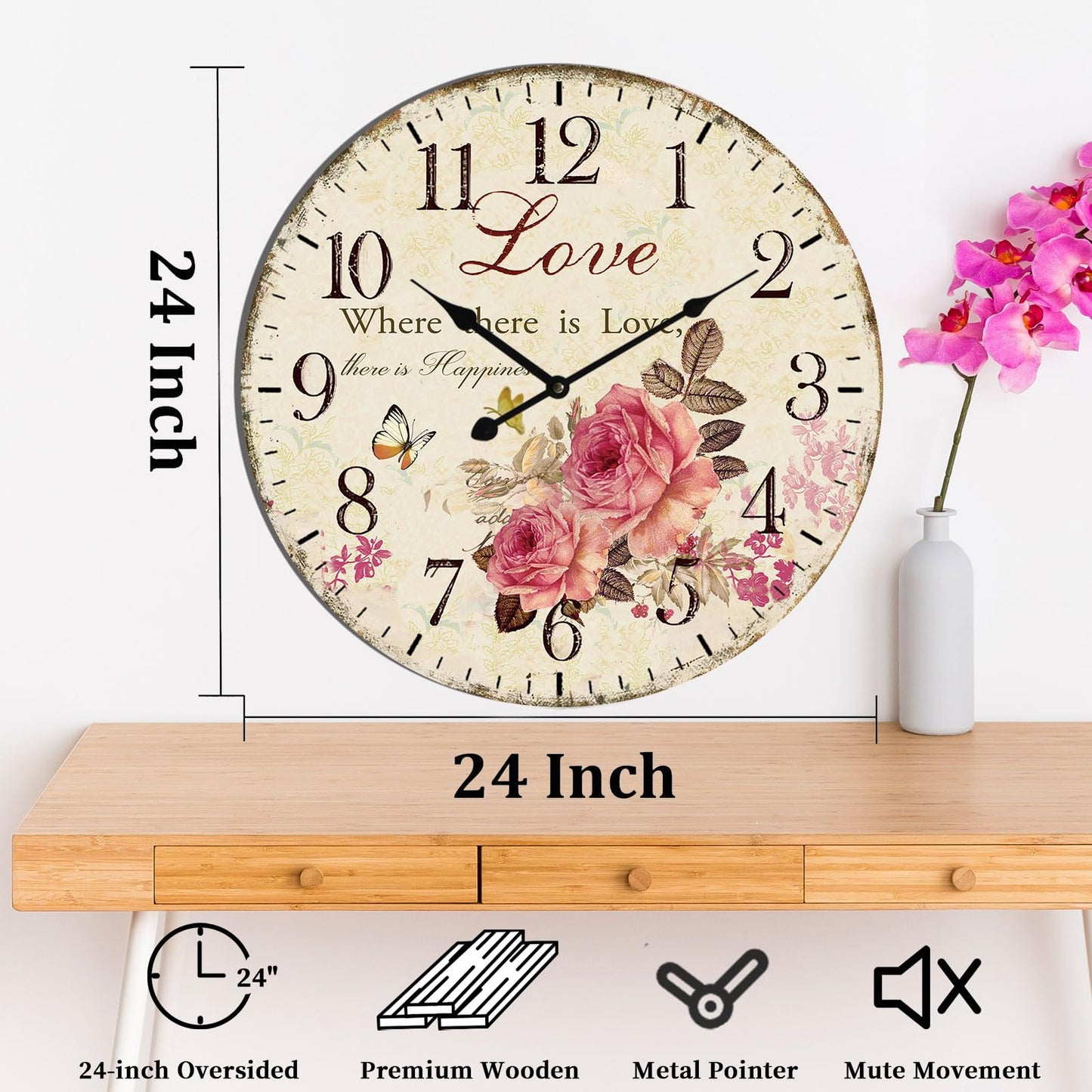 Eruner 24 Inch Wooden Wall Clocks Love Rose Vintage Wall Clock Large Farmhouse Clocks French Clocks Retro Rustic Wall Clock Silent Scan Non-Ticking for Home Living Room Bedroom Kitchen - WoodArtSupply