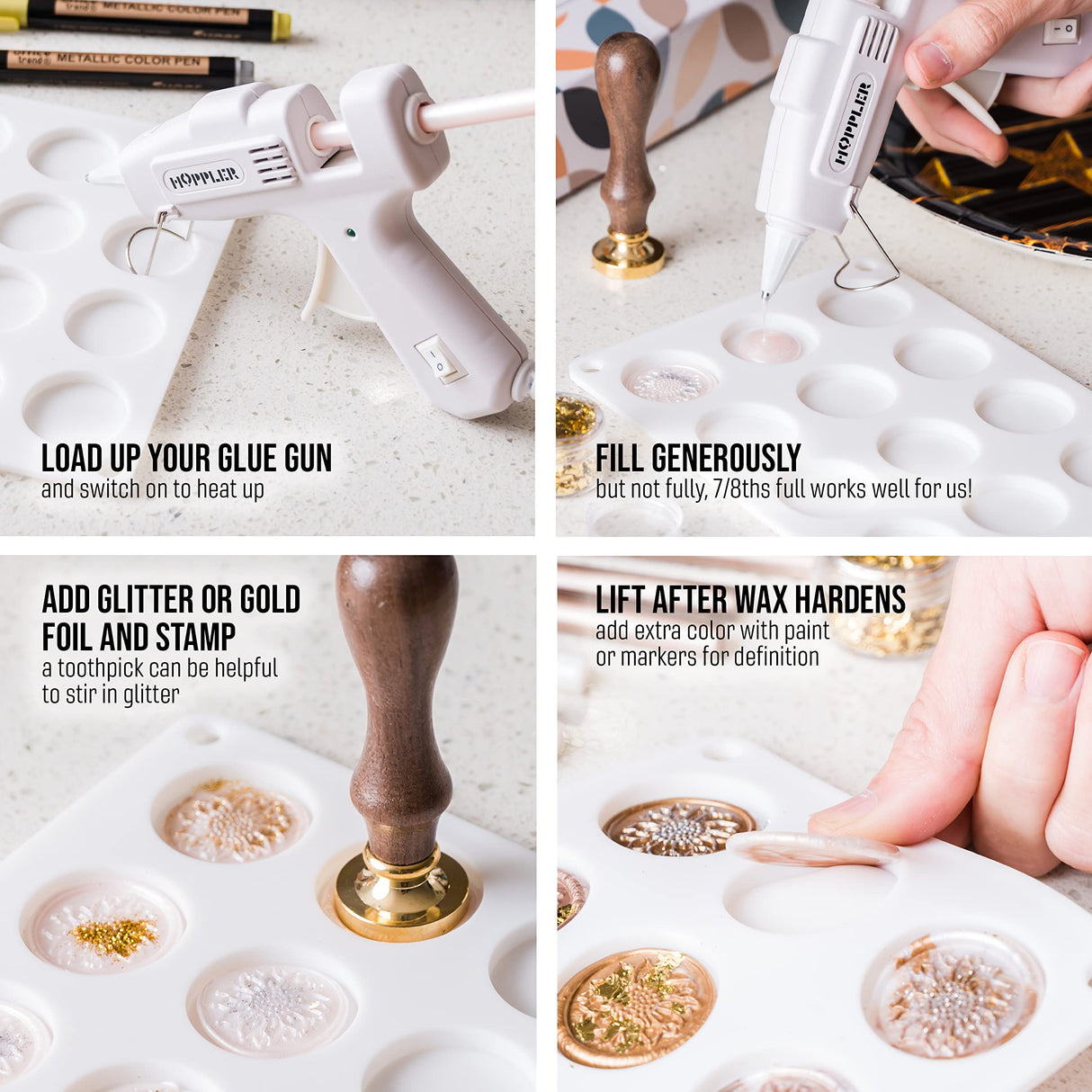 Hoppler Premium Wax Seal Kit with Seal Gun, Wax Sticks, a Flower Stamp, 12 Cavity Silicone Mold, and Extra Additions to Make Seals Stand Out and Make Invitations in Bulk. HOPPLER