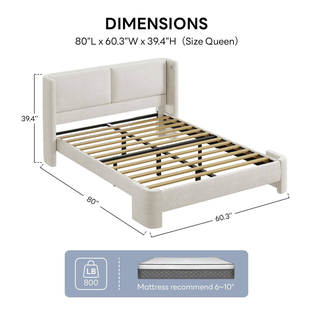 LIKIMIO Queen Bed Frame with Headboard, Upholstered Bed Frames with USB Ports, Base Cama Bed Frame No Box Spring Needed, Cream White LIKIMIO