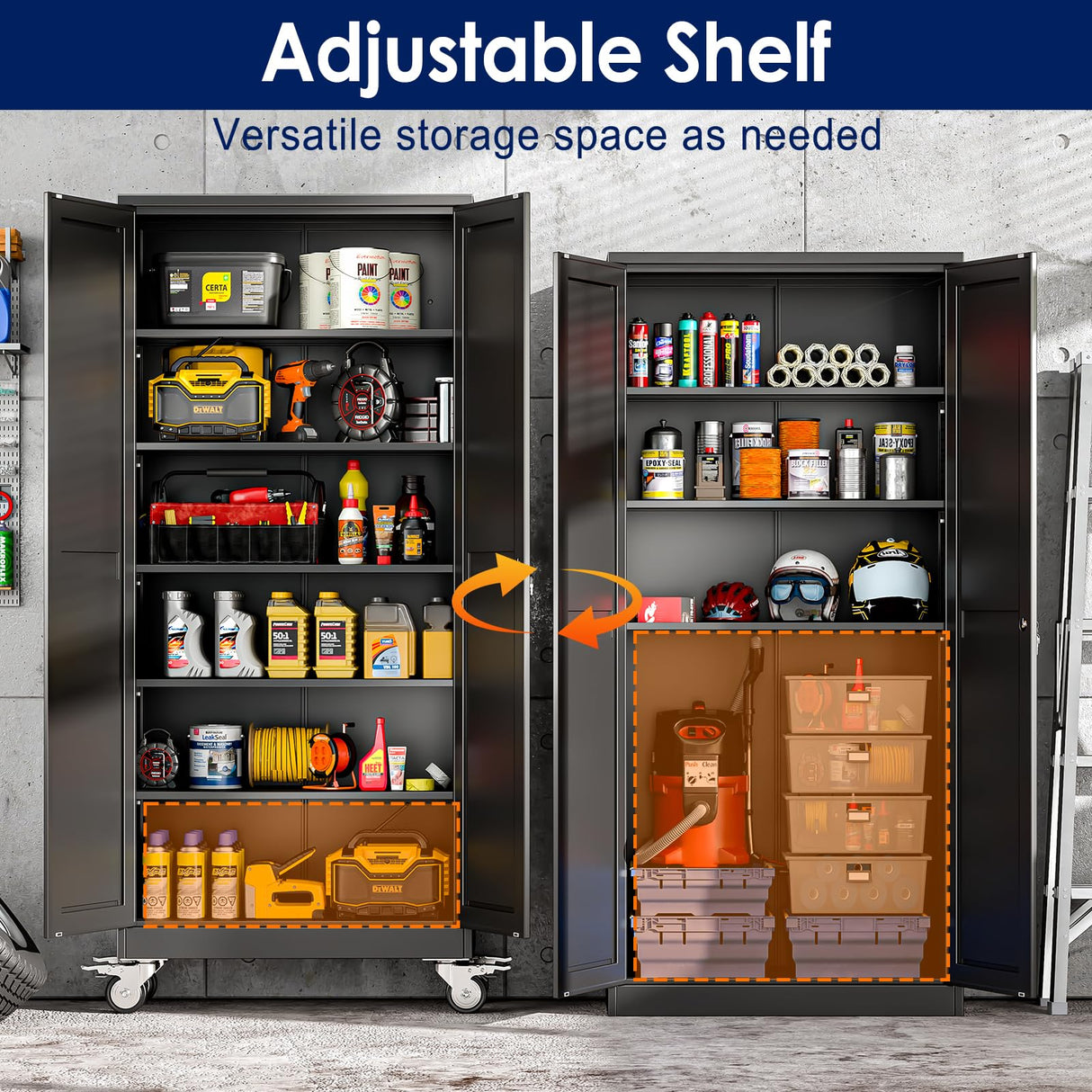 erosoei 75" H Metal Garage Storage Cabinet, Rolling Tool Cabinet with 2 Doors and Wheels, Locker Steel Cabinet with 5 Adjustable Shelves, Organization Cabinet for Garage,Office,Home,Gym,School（Black） erosoei