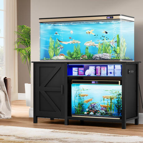 YITAHOME Aquarium Stand with Power Outlets, 55-75 Gallon Fish Tank Stand, Cabinet with RGB Light Strip Suitable for Turtle Tank, Reptile Terrarium, 900LBS Capacity, Black YITAHOME