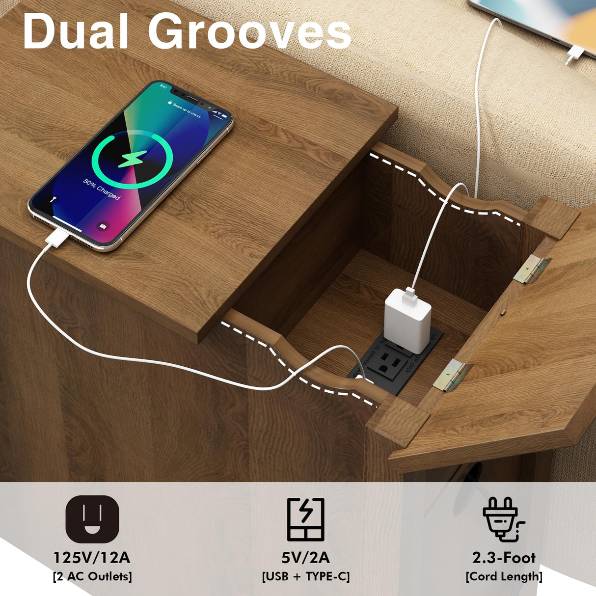 Narrow End Table with Charging Station - Midcentury Rattan Slim Side Table with USB Ports and Power Outlets, Nightstand with Flip Top and Storage Drawer, for Small Spaces Living Room Bedroom, Set of 2 WINWY