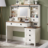 T4TREAM 48'' Farmhouse Makeup Vanity Desk with Sliding HD Mirror and Lights, Big Modern Lighted Vanity Table with 7 Drawers & Shelves, Rustic Large Dressing Table, Antique White T4TREAM