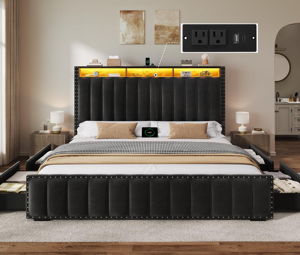DWVO King Size Bed Frame with 4 Storage Drawers and RGB LED Lights, Velvet Upholstered Platform Bed with Charging Station and Bookcase Storage Headboard, No Box Spring Needed, Easy Assembly, Black DWVO