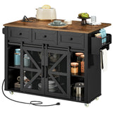 RALGEND Kitchen Island with Storage, Kitchen Cart with Charging Station, Rolling Kitchen Island Table with Drop-Leaf, 3 Drawers, Barn Doors, Towel Rack and Spice Rack, Black and Rustic Brown RALGEND