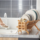 NOVAYEAH Bamboo Dish Drying Rack-2 Tier, Collapsible Small Dish Rack with Utensil Holder, Wooden Drying Rack for Kitchen Counter, Apartment Essentials Kitchen Plate Holder, Kitchen Organization NOVAYEAH