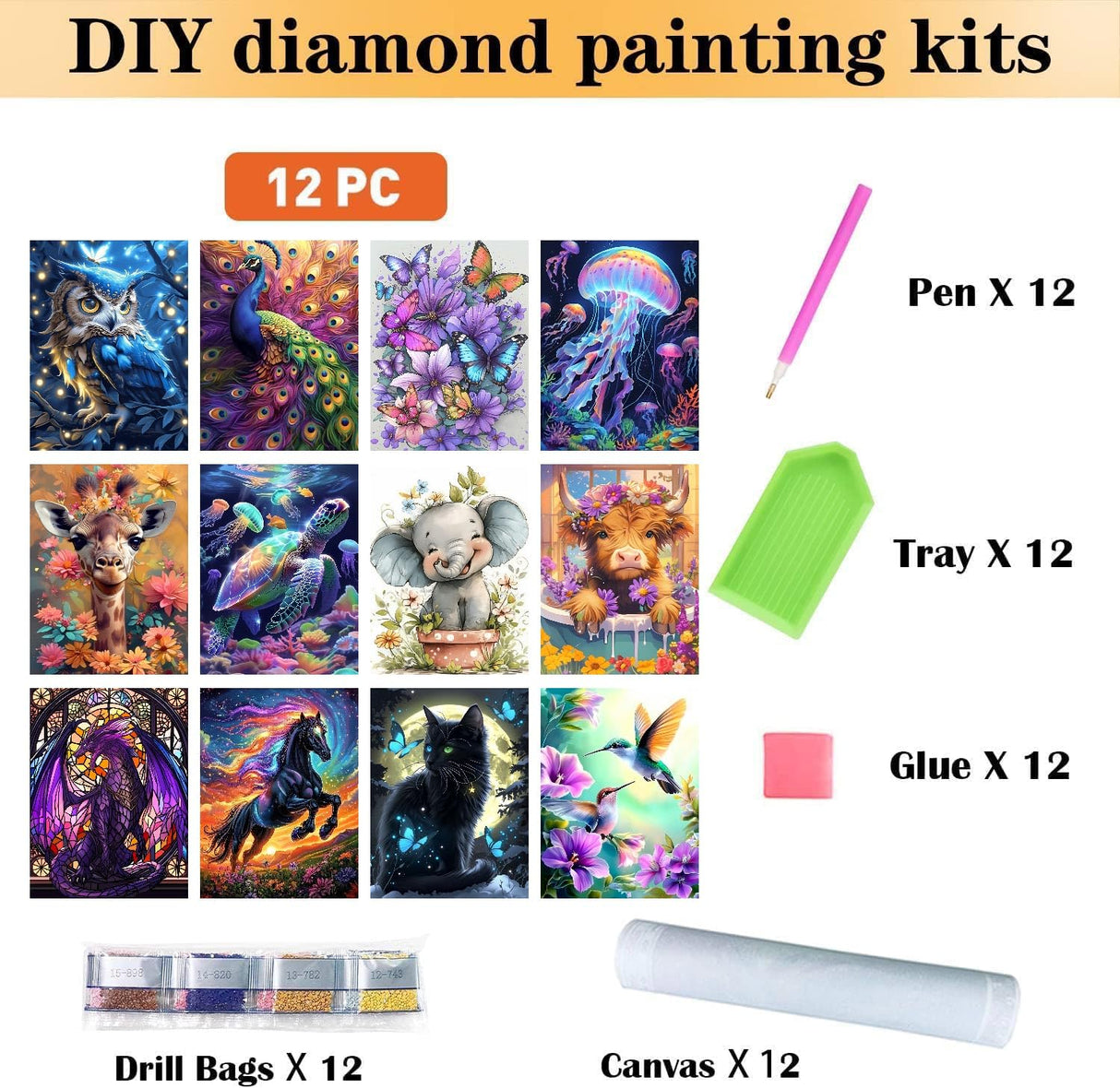 CraftCraze 12 Pack Animals Diamond Art Painting Kits for Adults - 5D Diamond Dots for Adults Beginner,DIY Round Full Drill Gem Art Painting by Numbers kit for Wall Decor Gifts 12x16 inch CraftCraze