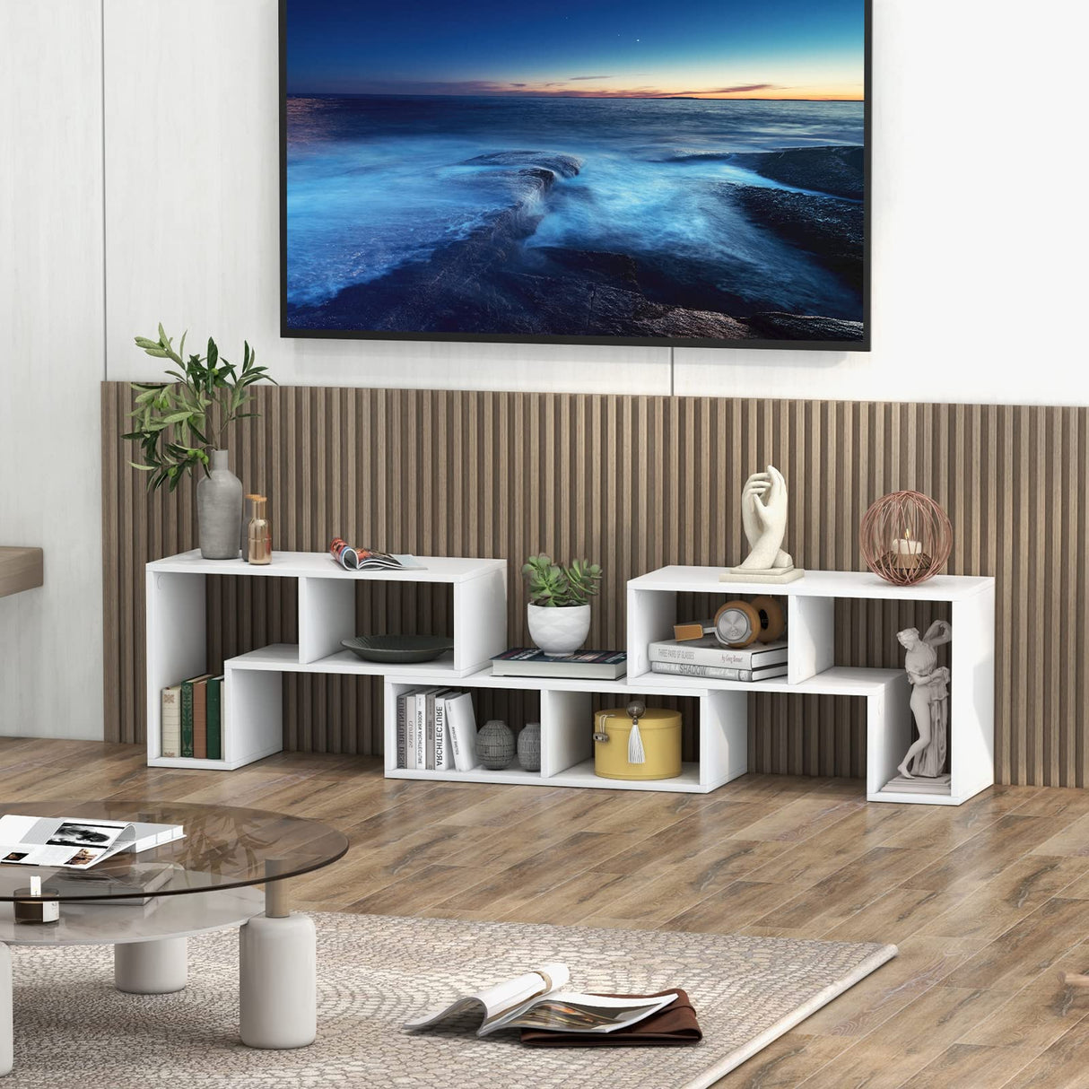 KOTEK TV Stand for 50 55 60 65 Inch TV, 3 Pieces Free Combination Bookshelf Organizer, TV Console Table with Open Storage Shelves, Modern Entertainment Center for Living Room, Bedroom KOTEK