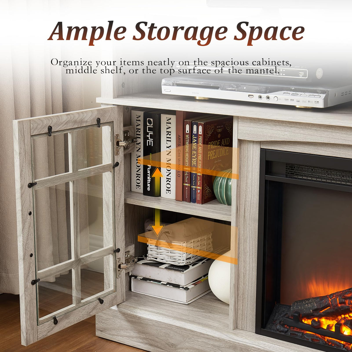 58'' Fireplace TV Stand for Television up to 65", Entertainment Center with Storage Cabinet and Shelves, 23'' Detachable Electric Fireplace with Remote&Adjustable Warmth for Living Room/Bedroom, Gray Zelimon