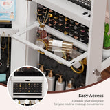 LVSOMT LED Mirror Jewelry Cabinet Standing, 360°Swivel Jewelry Armoire with Full Length Mirror, Mirror with Jewelry Storage and Large Wooden Drawer for Christmas Gifts (Farmhouse White) LVSOMT