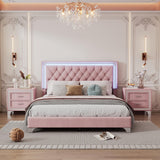 Flieks 3-Piece Pink Bedroom Set with Queen Upholstered Platform Bed and LED Lights, Including 2 Nightstands Flieks