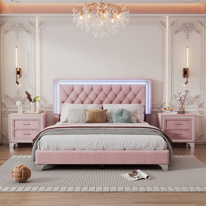 Flieks 3-Piece Pink Bedroom Set with Queen Upholstered Platform Bed and LED Lights, Including 2 Nightstands - WoodArtSupply