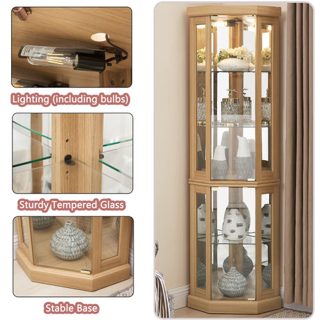 lunhung 69" H Lighted Corner Curio Cabinet, Corner Glass Display Case with Adjustable Shelves & Glass Doors, Wooden Curved Corner Accent Storage Curio Storage Rack for Living Room (Light Oak) lunhung