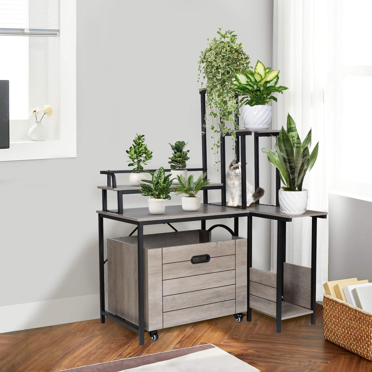 Cat Litter Box Enclosure Furniture with 3-Tier Storage Shelves, Wooden Large Hidden Litter Box Furniture, Modern Style Cat Washroom with Metal Frame Cat House Doppeltcharms