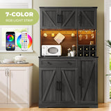 Dripex 71" Pantry Cabinet with Charging Station, Farmhouse Kitchen Pantry Storage Cabinet with Outlet & LED Light, Microwave Stand, Tall Kitchen Hutch with Storage for Living Room, Dining Room, Black Dripex