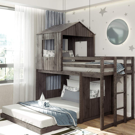 House Bunk Beds Twin over Full with Roof and Window in Distressed Grey by Harper & Bright Designs Harper & Bright Designs