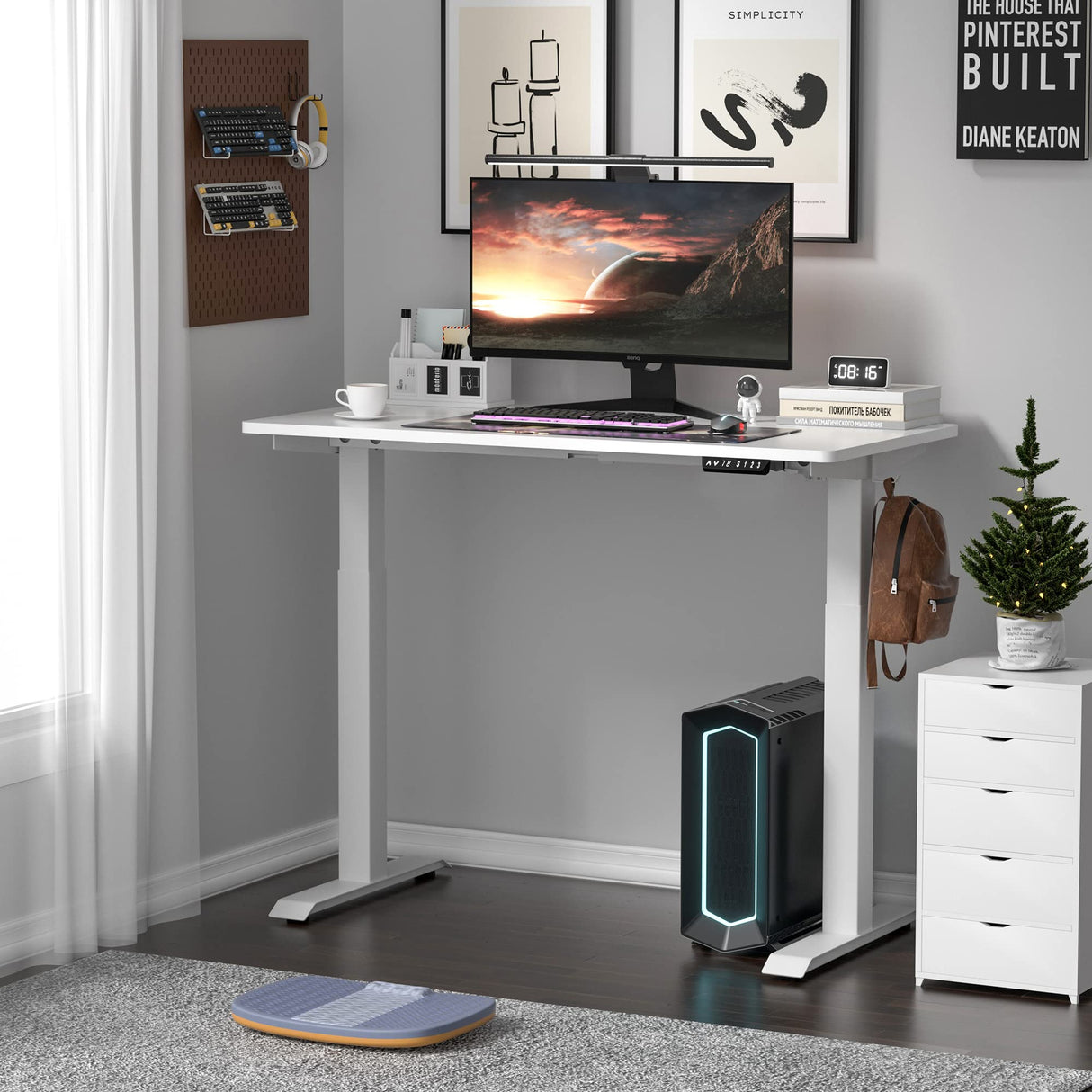 Meilocar Height Adjustable Electric Standing Desk, Adjustable Desk Standing Desk with Memory Controller, White Adjustable Standing Desk with Splice Board, 48" x 24" Tabletop (White Top + White Frame) Meilocar