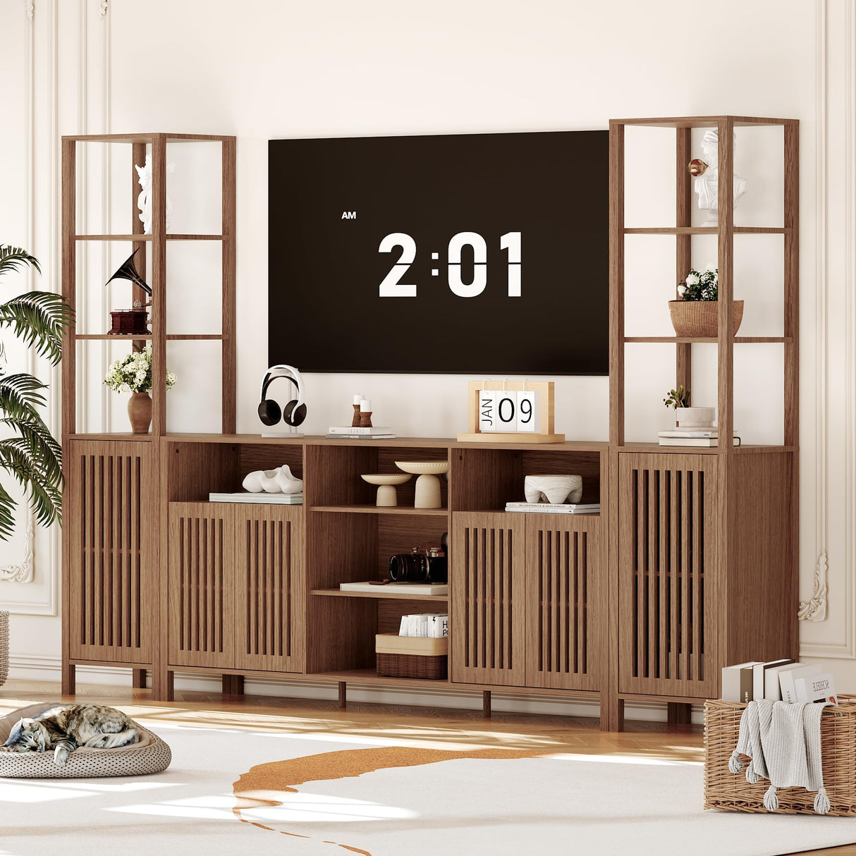 Entertainment Center with Bookshelves, Farmhouse TV Stand for 70 Inch TVs, TV Stands for Living Room w/Adjustable Shelves & Storage Cabinet, Modern Console Cabinet for Bedroom Home Theater HomeEterna