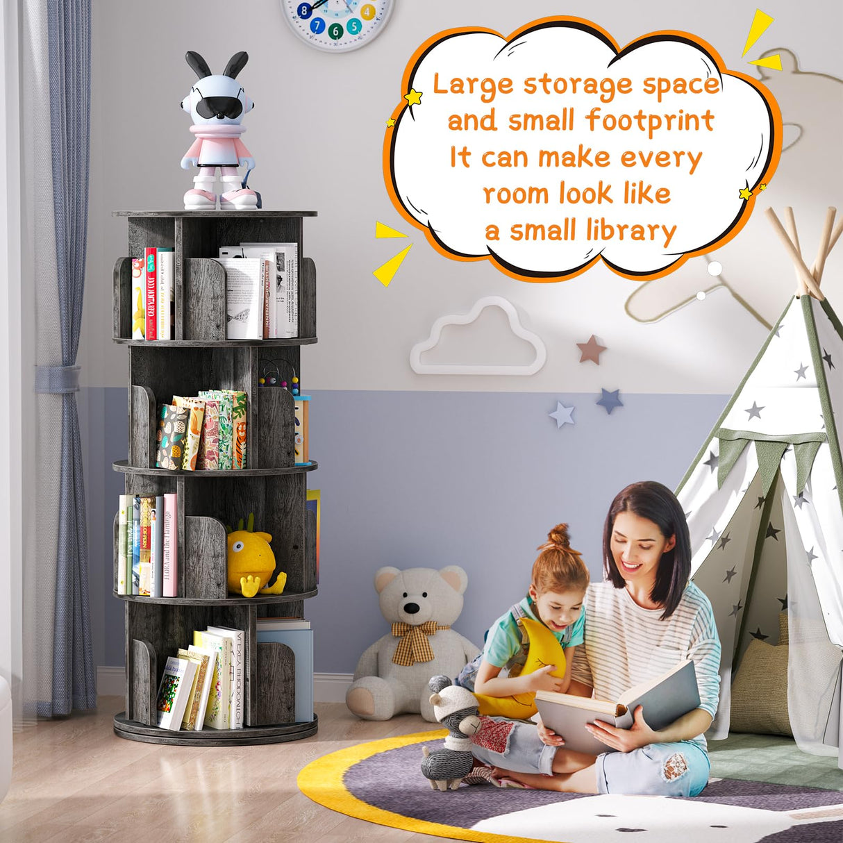 Besiost 360° Rotating 4-Tier Grey Oak Corner Bookshelf for Small Spaces Besiost