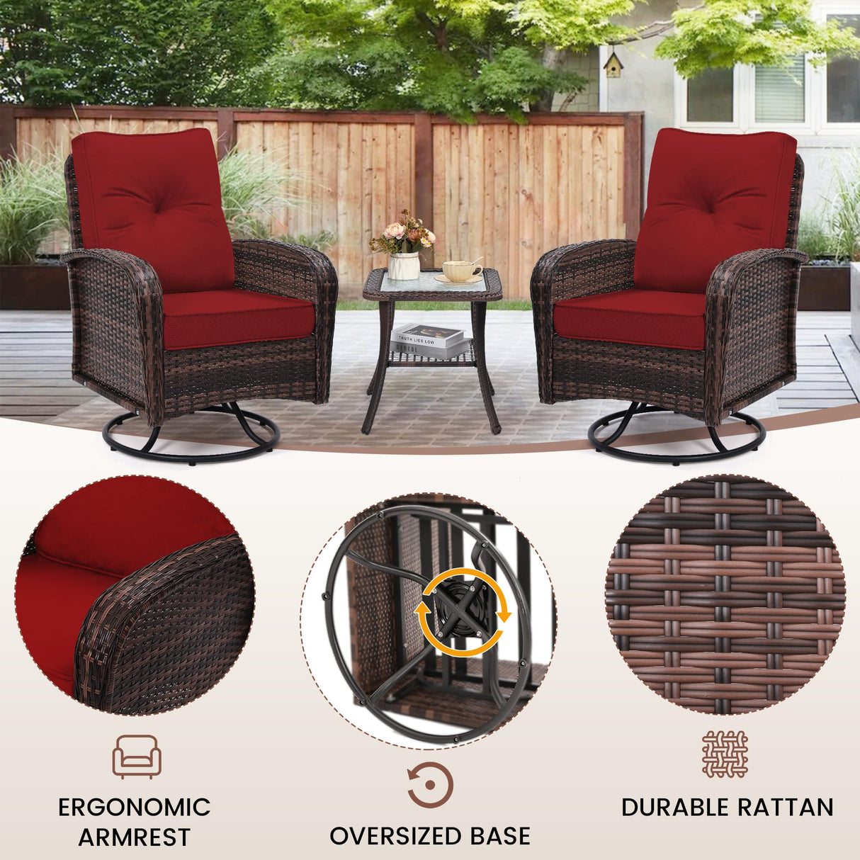 wildformers 2 Luxury Outdoor Swivel Wicker Glider Patio Chairs with Table Set, Overstuffed Washable Cushions, Ideal for Porch, Balcony, Deck, Brown Rattan and Red Cushions wildformers