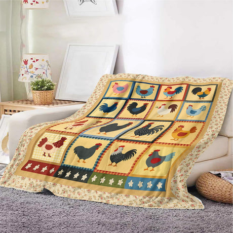 Rustic Country Chicken Throw Blanket – Farmhouse Rooster Hen Patchwork Design Quilt Blanket for Couch, Bed, Sofa – Soft Lightweight Fleece Throw for Farmers, Chicken Lovers (51.1 * 59inch) YunTu