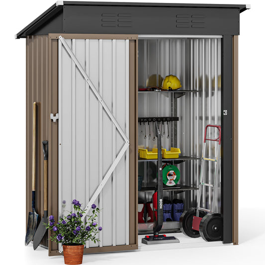 DWVO Metal Outdoor Storage Shed 5x3ft, Lockable Tool Sheds Storage with Air Vent for Garden, Patio, Lawn to Store Garbage Can, Lawnmower, Brown