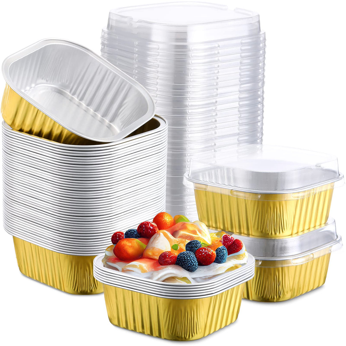 Aoriher 150 Pieces 10 oz Mini Cake Pans with Lids Aluminum Foil Baking Cups Square Disposable Cupcake Cups Baking Tins for Kitchen Brownie Pudding Desserts Muffin Ramekins Holders(Gold) Aoriher