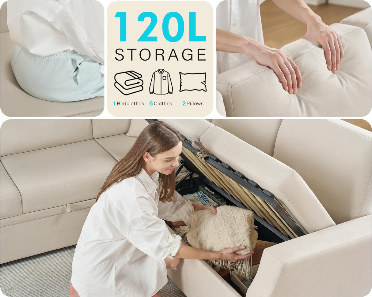 VanAcc Sofa Bed, 85 Inch Sleeper Couch with Storage Seat, L Shaped Sofa with Pull Out Sofa Bed, Sectional Couches for Living Room Apartment, Beige Linen Couch Sofa VanAcc