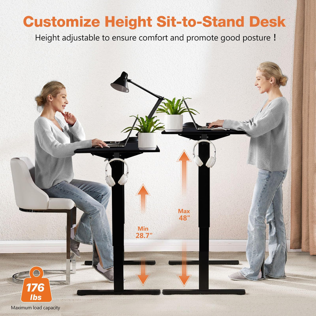 Sweetcrispy Electric Adjustable Height Standing Desk - 55 x 24 inch Sit to Stand Up Desk with Splice Board, Rising Home Office Computer Table with 2 Hook and Wire Hole for Work Sweetcrispy