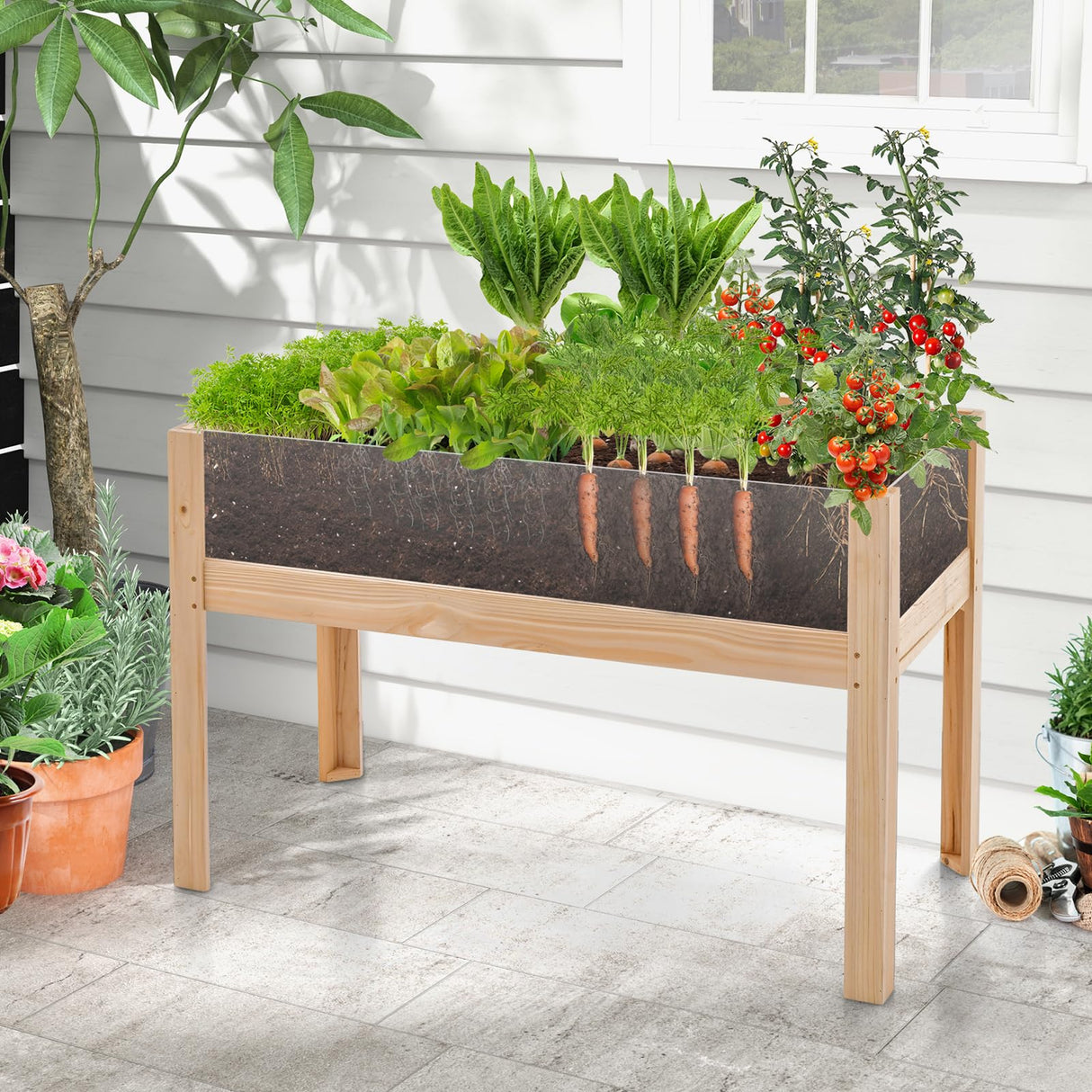 HAPPYGRILL Raised Wooden Garden Bed with Legs, 31” Elevated Planter Box with 2 Acrylic Panel Sides, Drain Holes, Movable Beds, Plant Terrarium with Stand for Vegetables, Fruits, Herbs, Flowers HAPPYGRILL