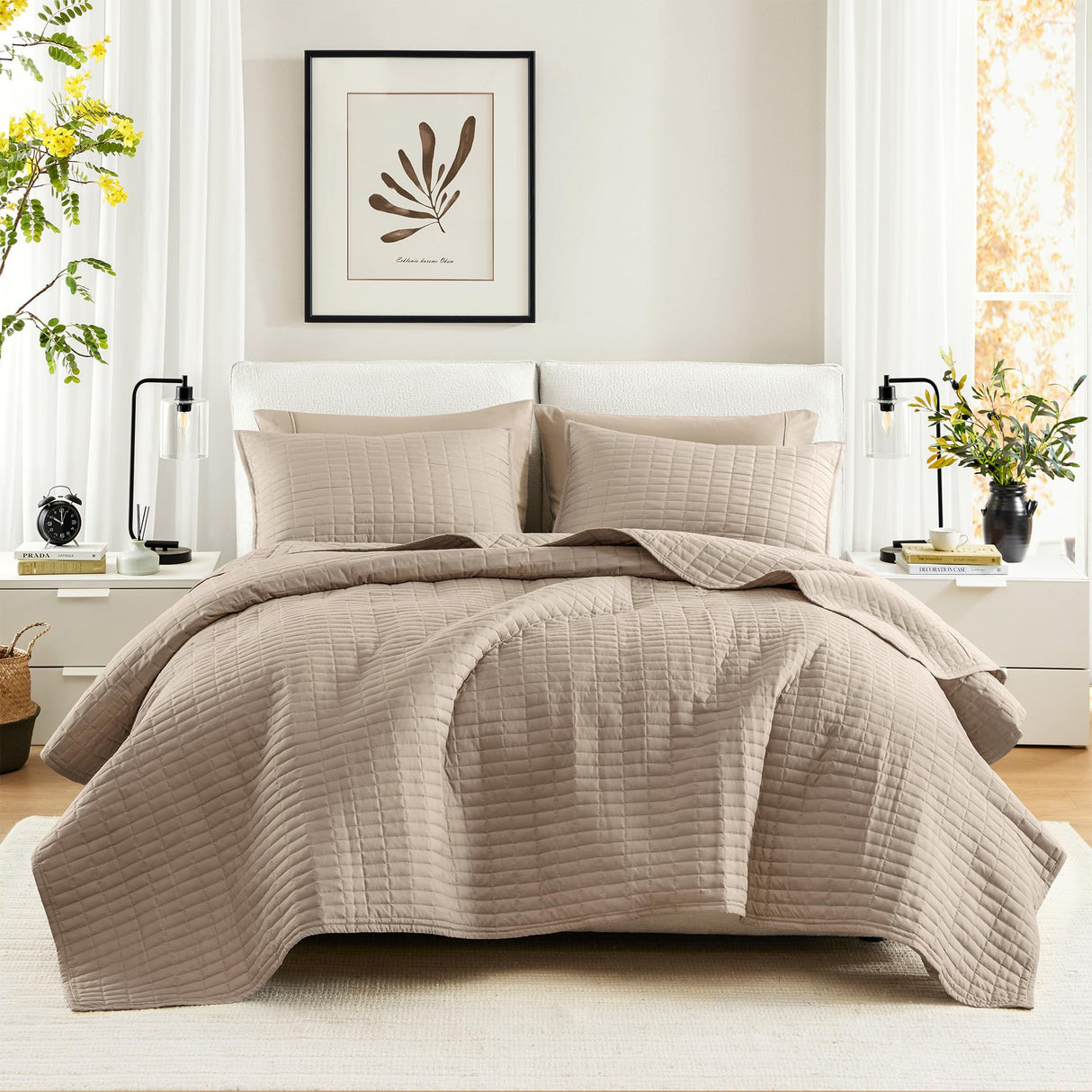Comfort Spaces Kienna Quilt Set- Double Sided Stitching Design Summer Blanket, Lightweight, Soft, All Season Bedding Layer, Matching Sham, Taupe, Coverlet Full/Queen(90"x90") 3 Piece Comfort Spaces