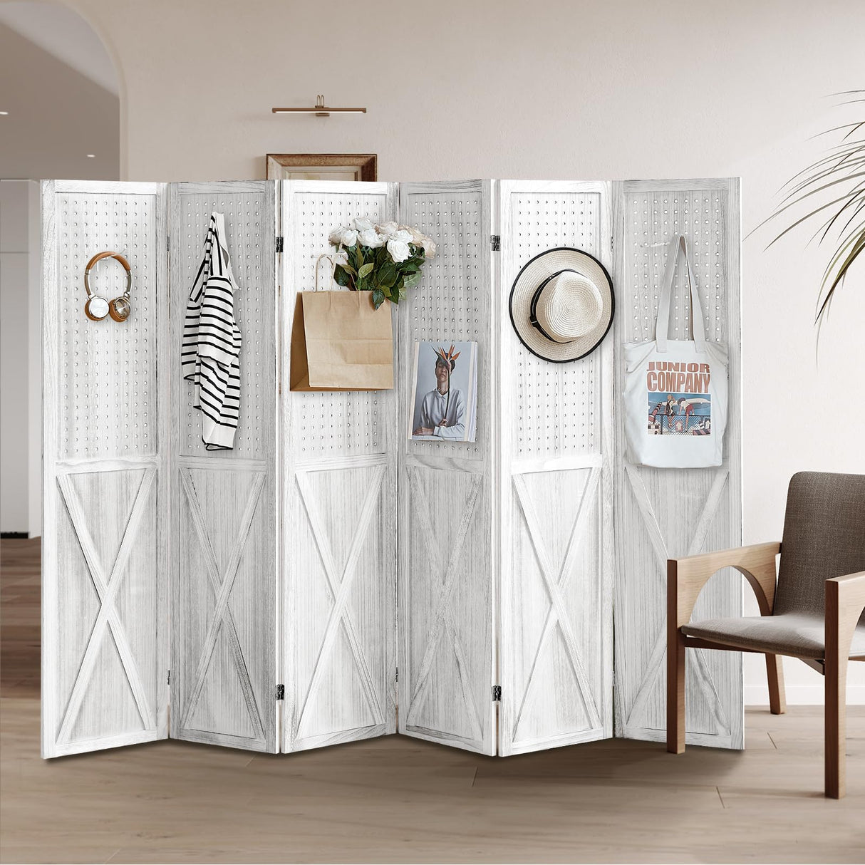 ALeesing 6 Panel Room Divider, 5.6Ft Pegboard Display Wood Folding Privacy Screens, Room Divider Peg Board Display Freestanding for Trade Show Craft Show Home Wall Organizer, Retro White ALeesing