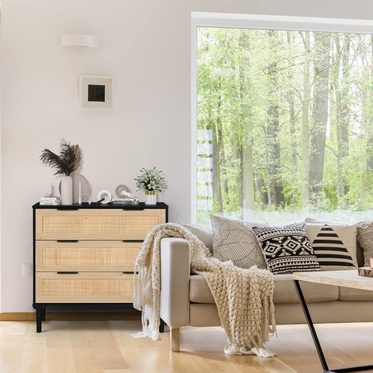 LAZZO Rattan 3 Drawer Wood Dresser Boho Large Storage Cabinet Nightstand Chest for Bedroom Mid Century Modern Chest of Drawers Wide Closet Dresser Storage Organizer LAZZO