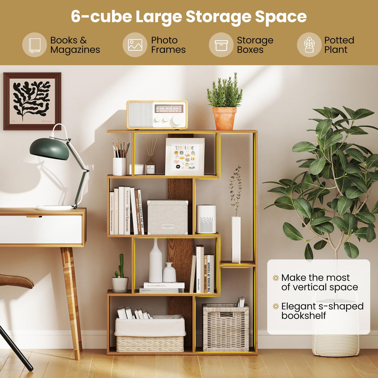 Nightcore 5-Tier Geometric Bookshelf, 47” Tall Modern S-Shaped Bookcase with 6 Storage Cubes, Freestanding Storage Organizer Display Rack for Living Room, Bedroom, Home Office (Natural) WoodArtSupply