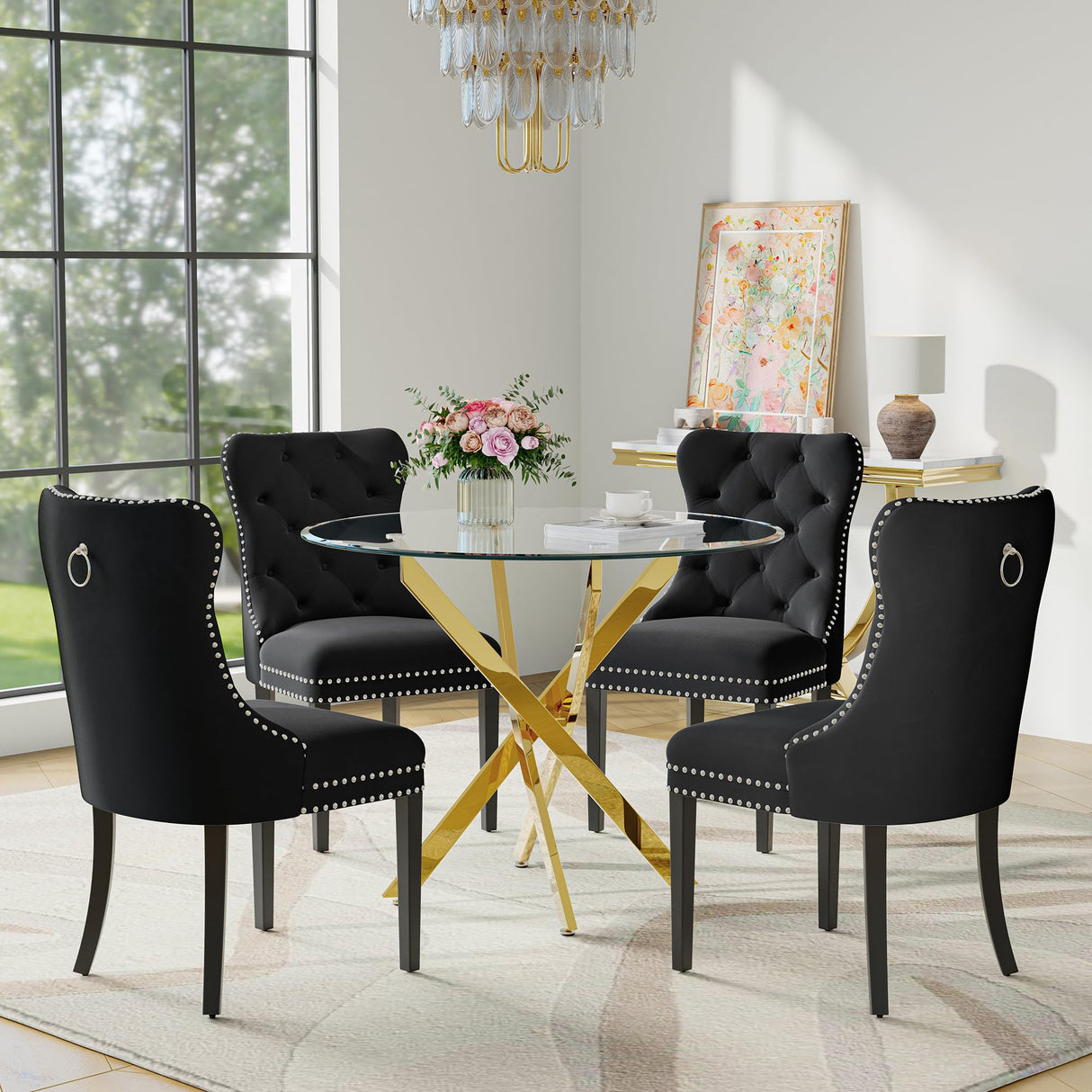 Modehodei 5-Piece Glass Dining Table Set for 4, Include 36" Round Tempered Glass Kitchen Table and 4 Black High Back Chairs for Dining Room, Living Room (Gold Legs) Modehodei