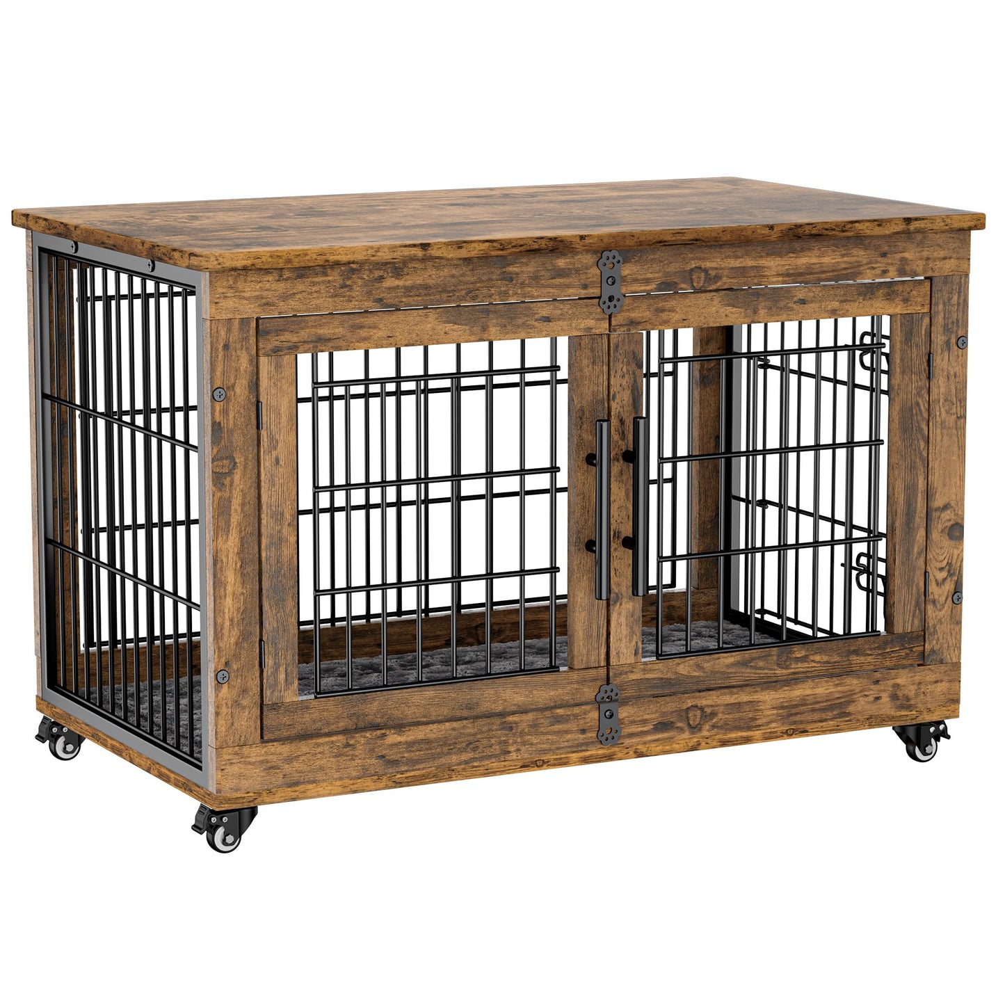 Lulive Dog Crate Furniture, Dog Kennel Indoor Double Doors Wooden Dog Cage, 38'' Heavy Duty Dog Crate with Cushion & Wheels, Decorative End Table Pet House Chew-Resistant for Large/Medium Dog - WoodArtSupply