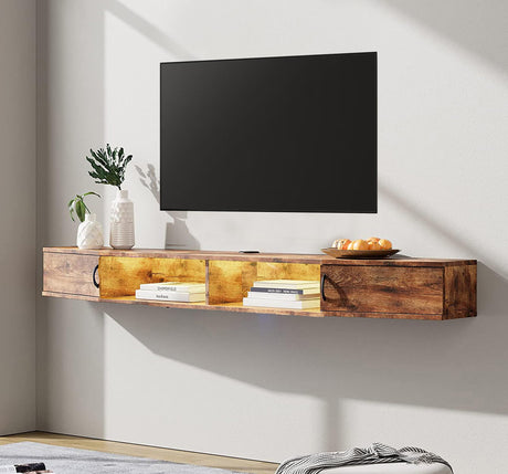 FITUEYES Floating TV Shelf with Power Outlet 70", Wall Mounted TV Stand with Yellow Light, Media Console Stand with Doors, Entertainment Shelf for Living Room, Bedroom，Rustic Brown FITUEYES