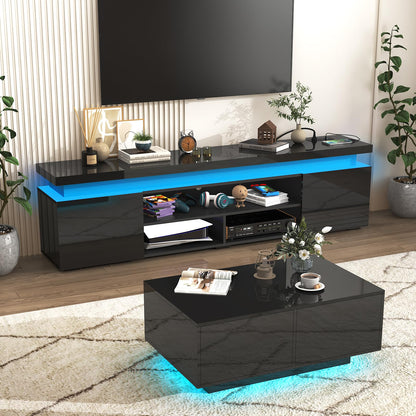 LED TV Stand for 85 Inch TV, Modern Gaming TV Stand with Power Outlet, High Gloss TV Console Entertainment Center with Storage for Living Room, Bedroom (74 Inch, Black)