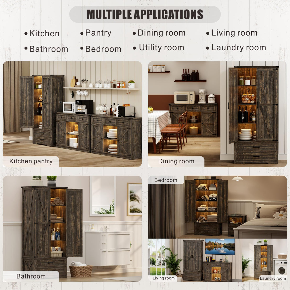 GlasFlength Pantry Adjustable Shelves Tall Farmhouse Storage Cabinet with 2 Drawers&Doors, 69" Rustic Wood Cupboard with LED Light, Brown GlasFlength