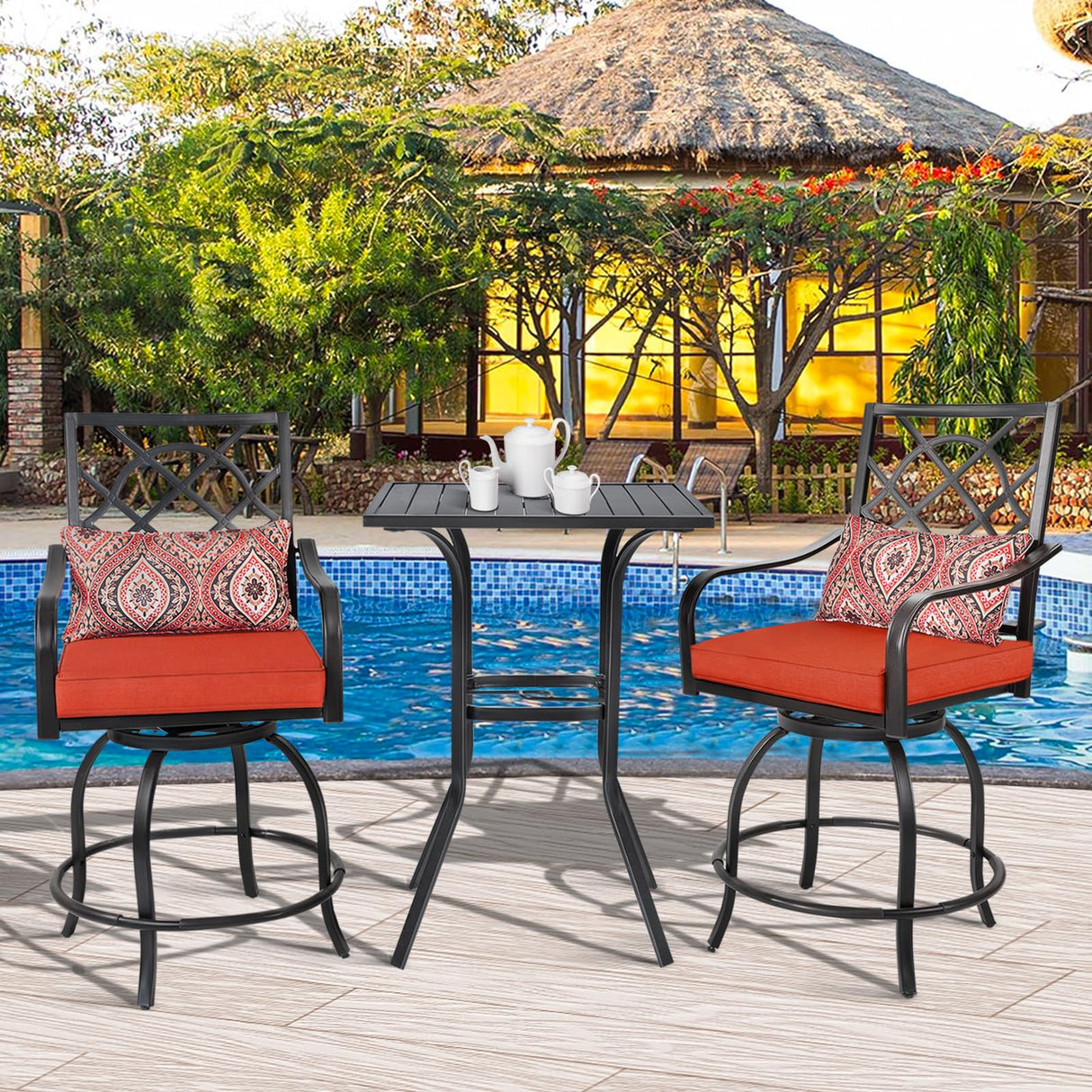 Patiomore Patio Bar Table, Outdoor Bar Height Bistro Table with Umbrella Hole, Metal Frame and Slat Design (Black) Patiomore