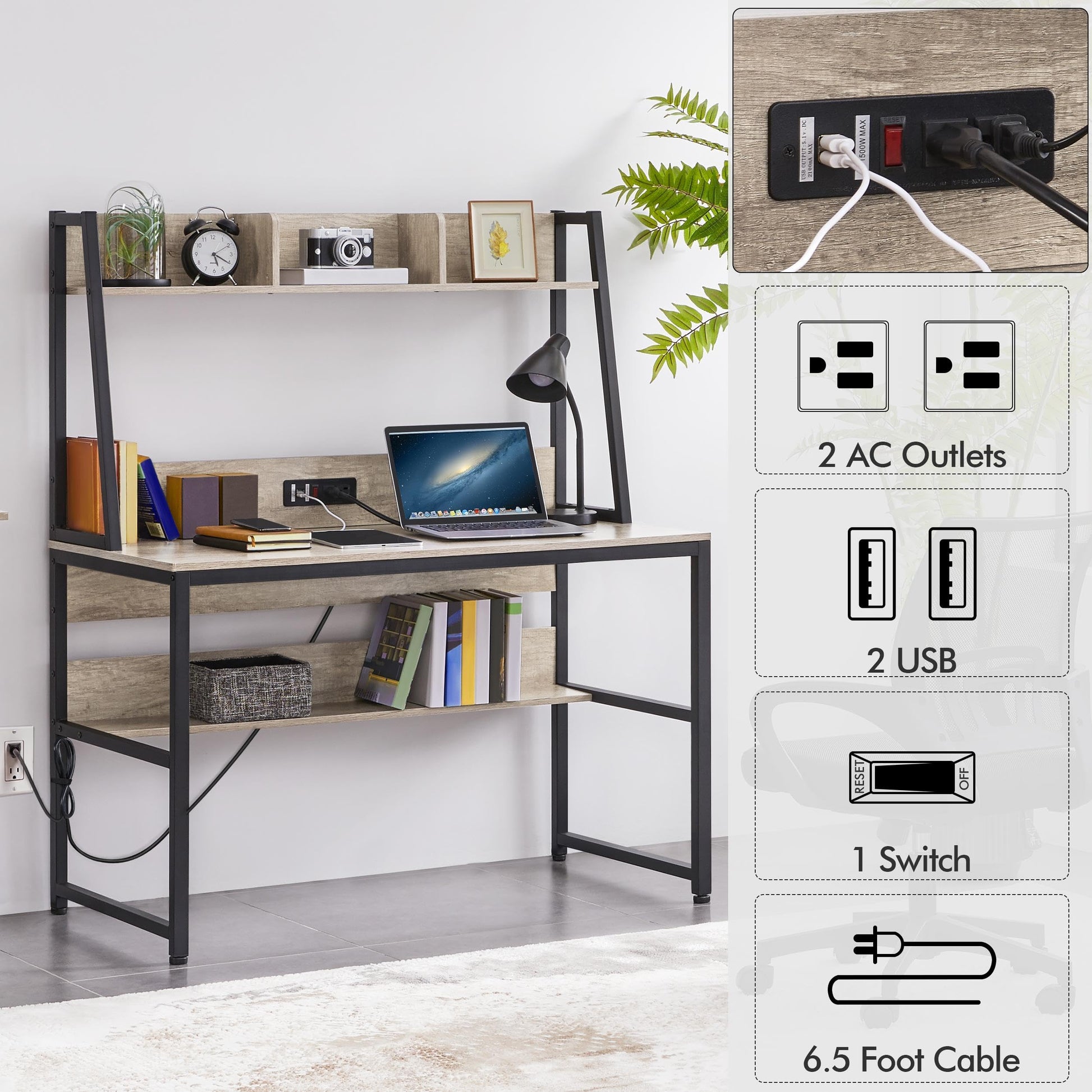 Yaheetech 47 Inch Grey Writing Desk with Power Outlets and USB Charging Ports for Home Office and Gaming - WoodArtSupply