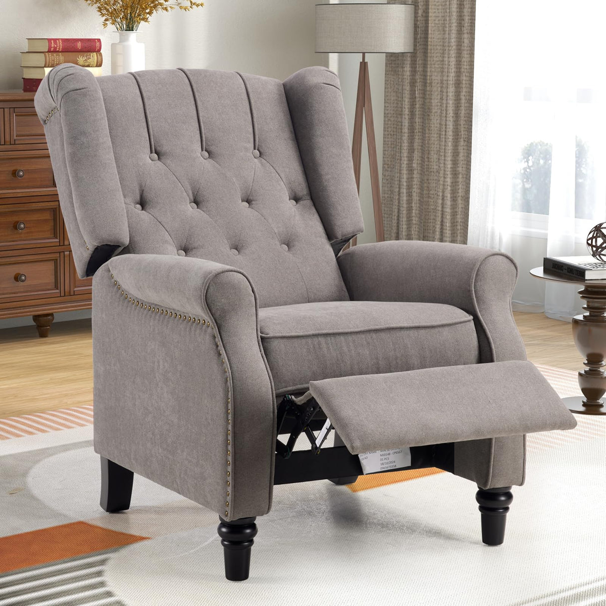 CANMOV Push Back Recliner Chair, Accent Chair,Mid Century Wingback Recliner, Fabric Push Back Recliner Chair Single Armchair Sofa with Rivet Decoration,Button-Tufted Back for Living Room, Grey CANMOV