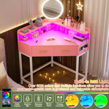 Cyclysio Corner Vanity Desk Without Mirror, Makeup Vanity Table with Lights & Power Outlets, Small Corner Vanity with Drawers for Bedroom,Small Spaces, Pink Cyclysio