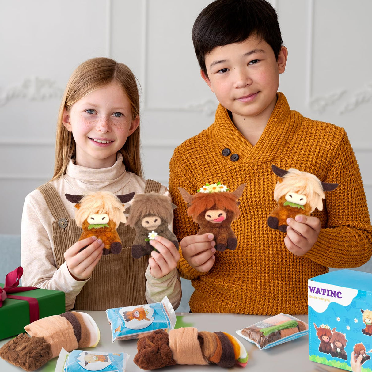 WATINC Highland Cow Needle Felting Kit - Set of 3 Different Highland Cow Doll Wool Felt Needle Felting Tools Foam Pad, DIY Home Decoration Needle Felting Craft Party Supplies for Beginners WATINC