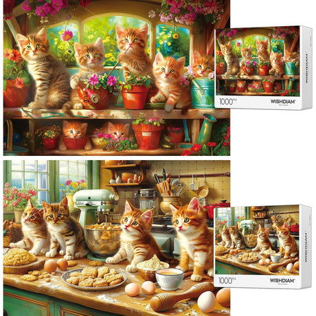 Jigsaw Puzzles 2 Pack 1000 Pieces - WISHDIAM Puzzles for Adults - Cats Funny Kitten in Kitchen & Garden Puzzles for Adults 1000 Pieces and up WISHDIAM