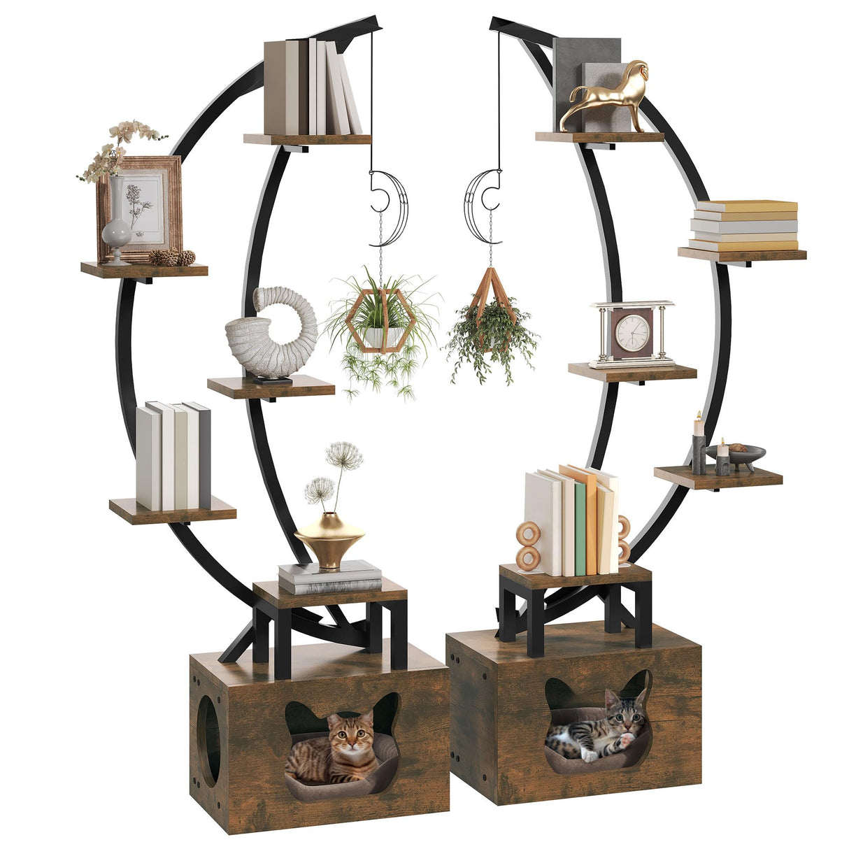 DWVO Tall Bookshelf with LED Light, Artistically Designed Moon Arched Bookcase with Cats Litter Box,10-Tier Bookcase Corner Display Shelf for Home Office, Bedroom DWVO