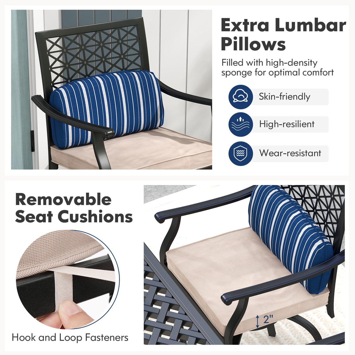 COSTWAY Outdoor Bar Chair Set of 4, 24.5 Inch Swivel Counter Height Bar Stools with Footrest, Seat Cushions & Lumbar Pillows, Metal Dining Bar Chairs for Patio, Backyard, Poolside (4) COSTWAY